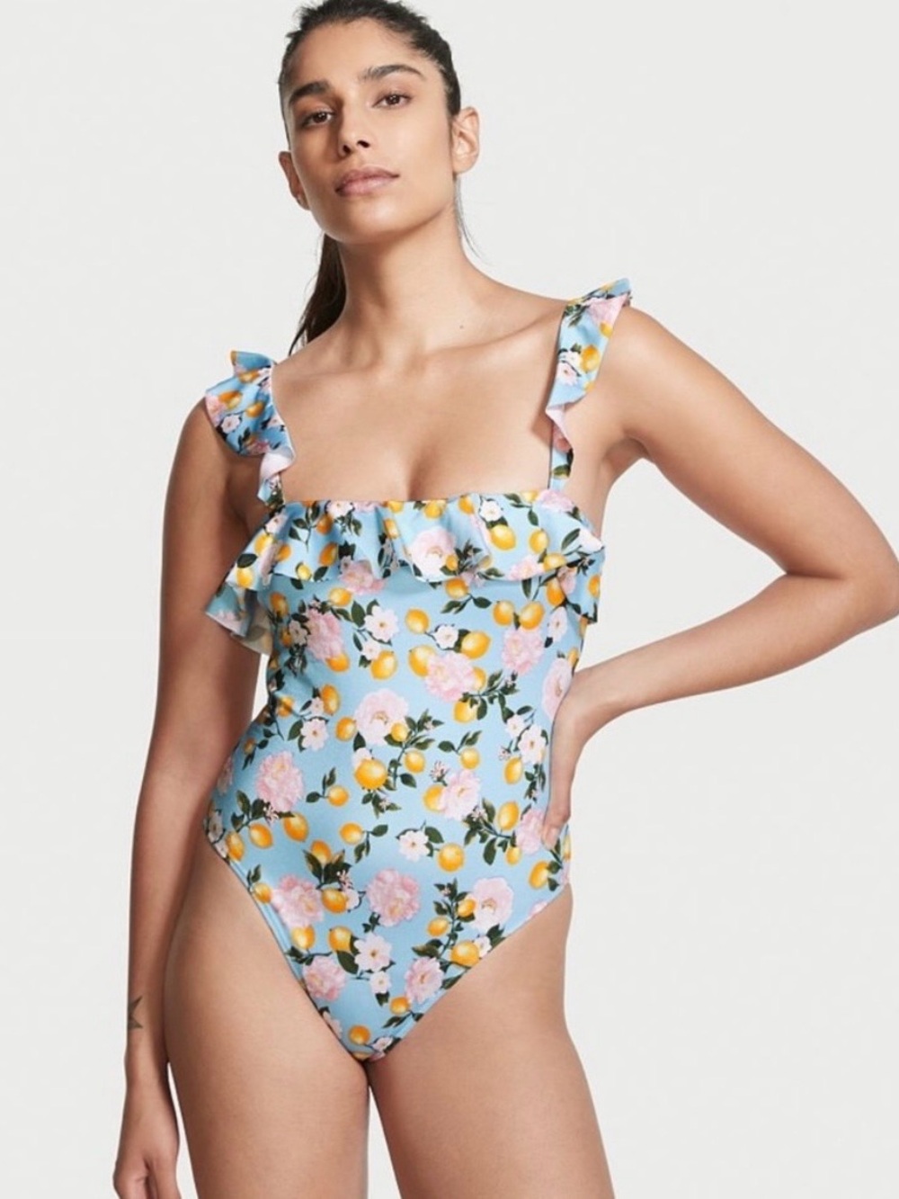 Victoria's Secret Baby Blue Lemon Floral Ruffle 1 Piece Ruffle Swimsuit Size L